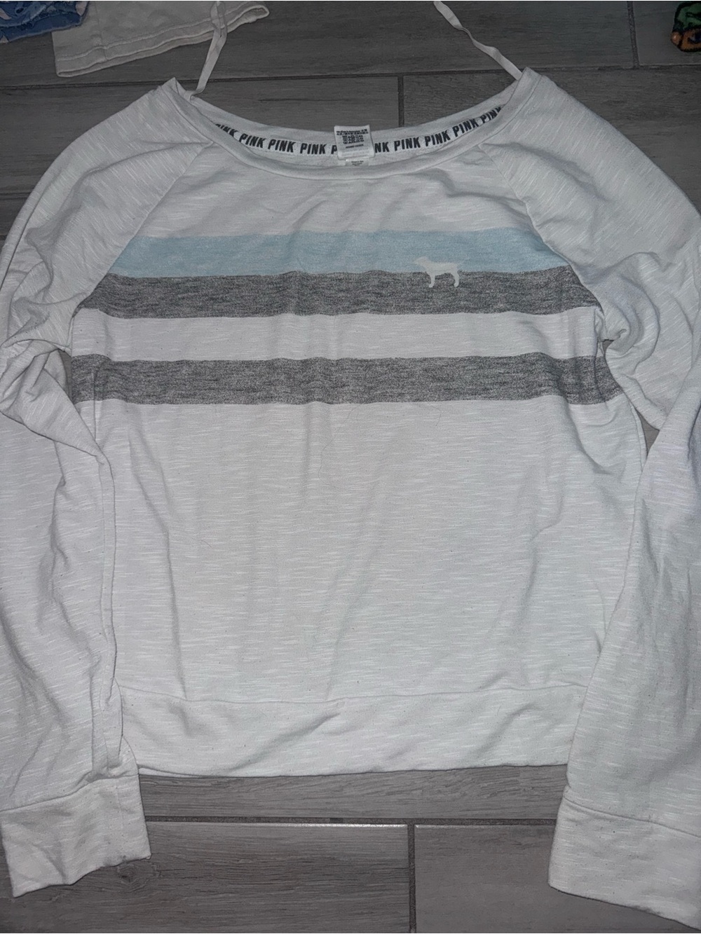 Victoria's Secret Pink White Long Sleeve Striped Shirt with Gray and Light Blue